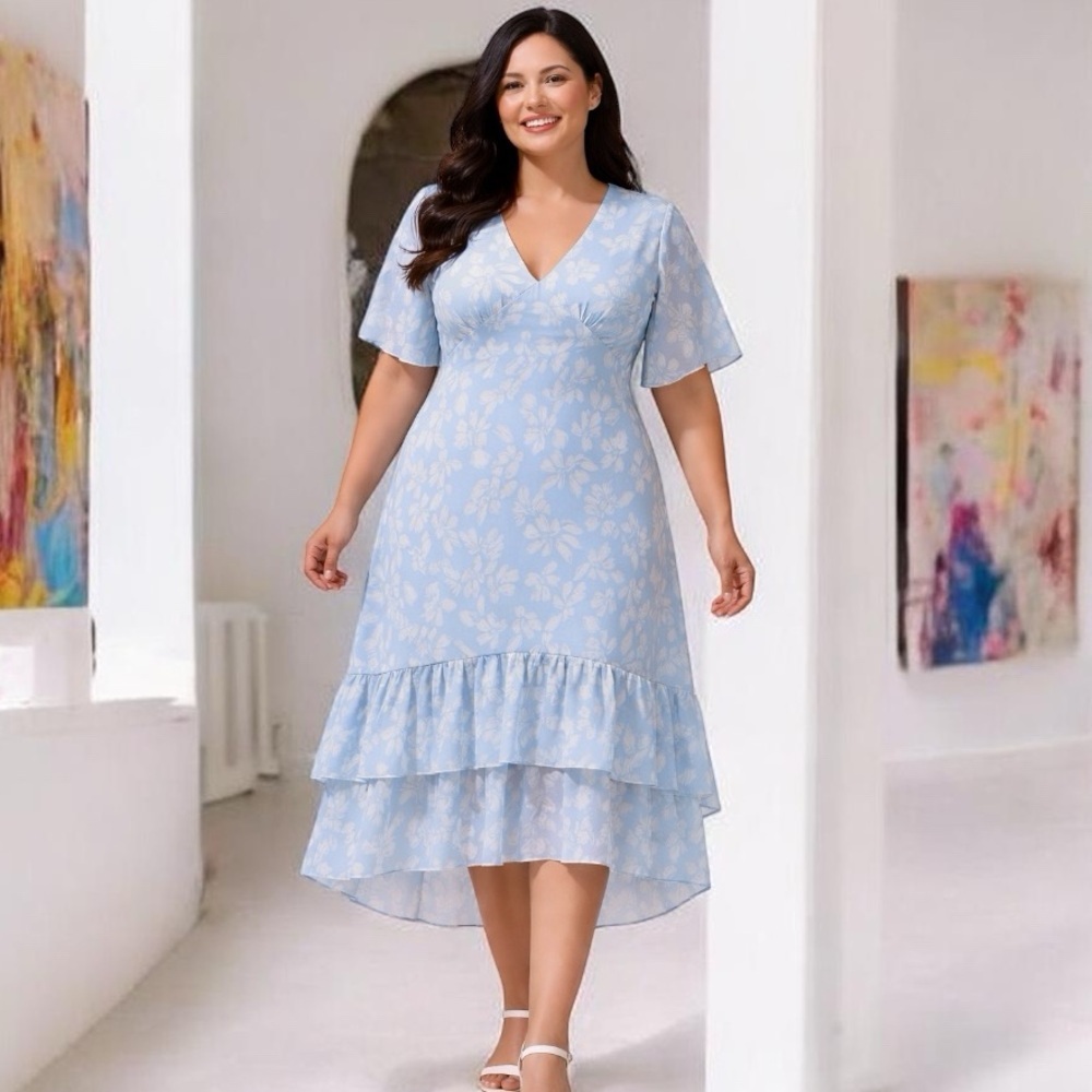 Shall We Blue Floral Tiered Midi Dress 2X NWT